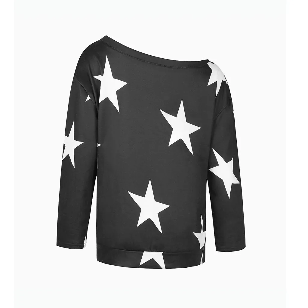 One Shoulder T-Shirt Women Shirt Fashion Star Print Long Sleeve Loose Casual Tee Shirt Spring Lady Shirts Tee Top Plus Size