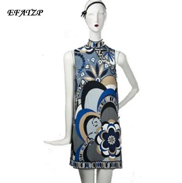 

New 2015 Italian Luxury Brands Women's Sleeveless Blue Geometric Print Stand Collar Stretch Jersey Silk Plus Size XXL Dress
