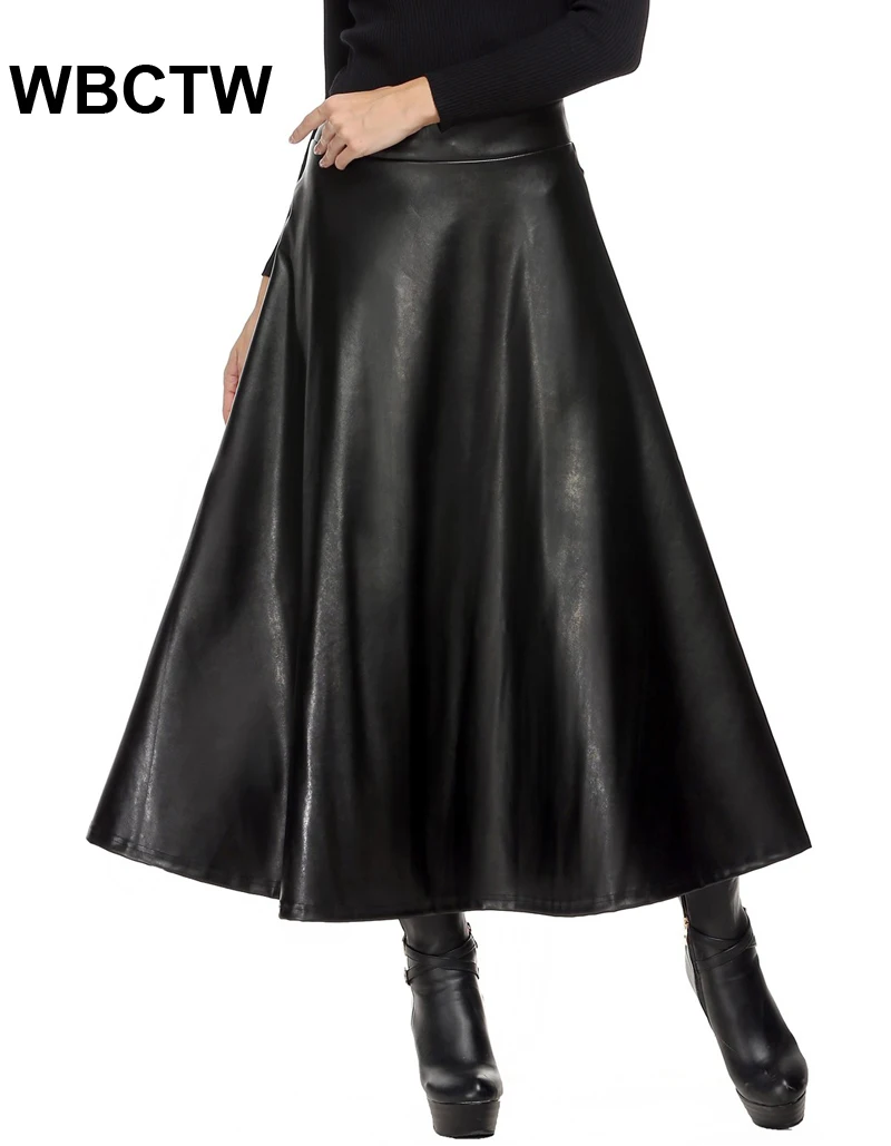Fashion Pleated Vintage Winter High Waist Black Maxi Skirt PU Leather Long Skirts Women Plus