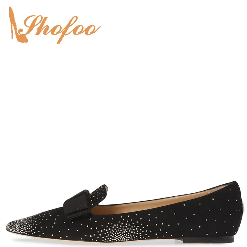 

Black Butterfly-Knot Crystal Ladies Wedding Shoes Pointed Toe Flat Loafers Woman Large Size 11 16 Slip On Sweet Fashion Summer