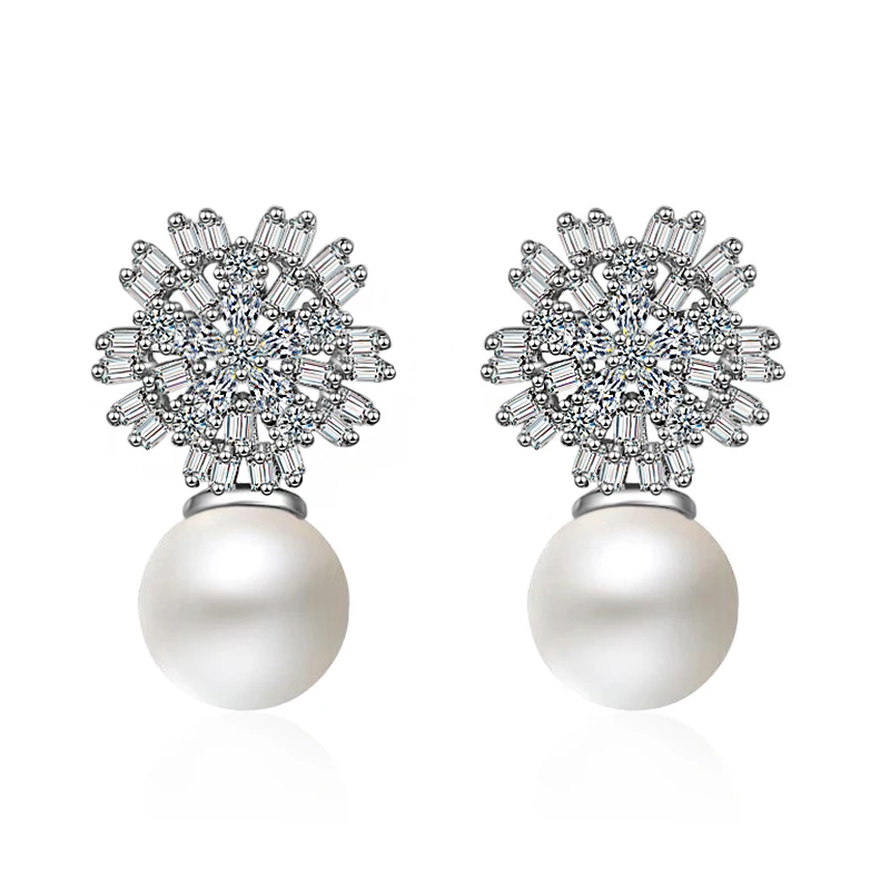 

Luxury Fashion Cubic Zircon Crystal Pearl Pendant Silver Earrings Brincos Wedding Engagement Earrings Jewelry Gift for Women