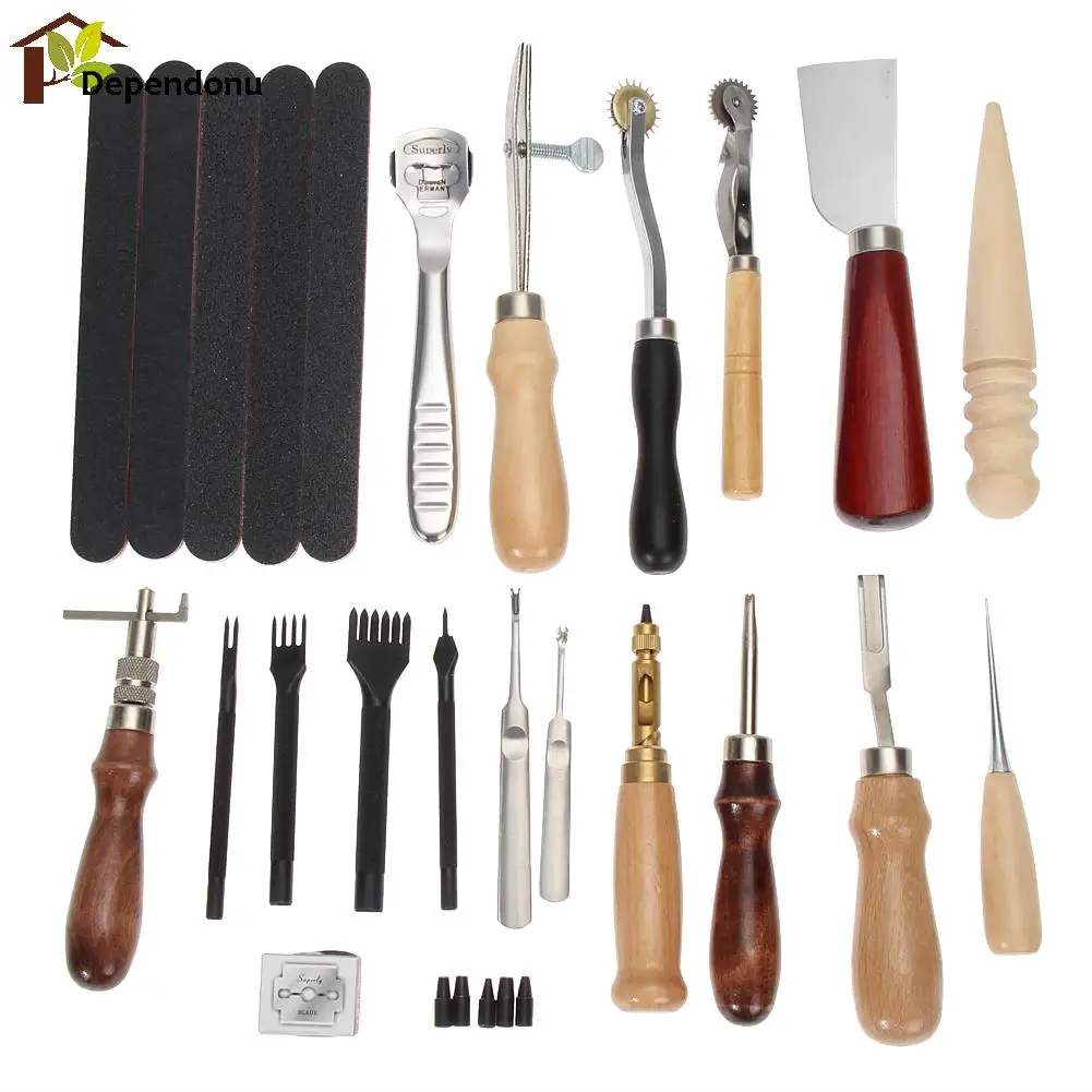 

18pcs Leather Craft Punch Tools Kit Stitching Carving Working Sewing Saddle Groover Leather Drilling Grinding Tool DIY Stamp kit