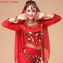 Женский костюм для танца живота рубашка шифон фонарь с длинными рукавами золотые монеты Топ и тройники индийская одежда практика танца живота Топы