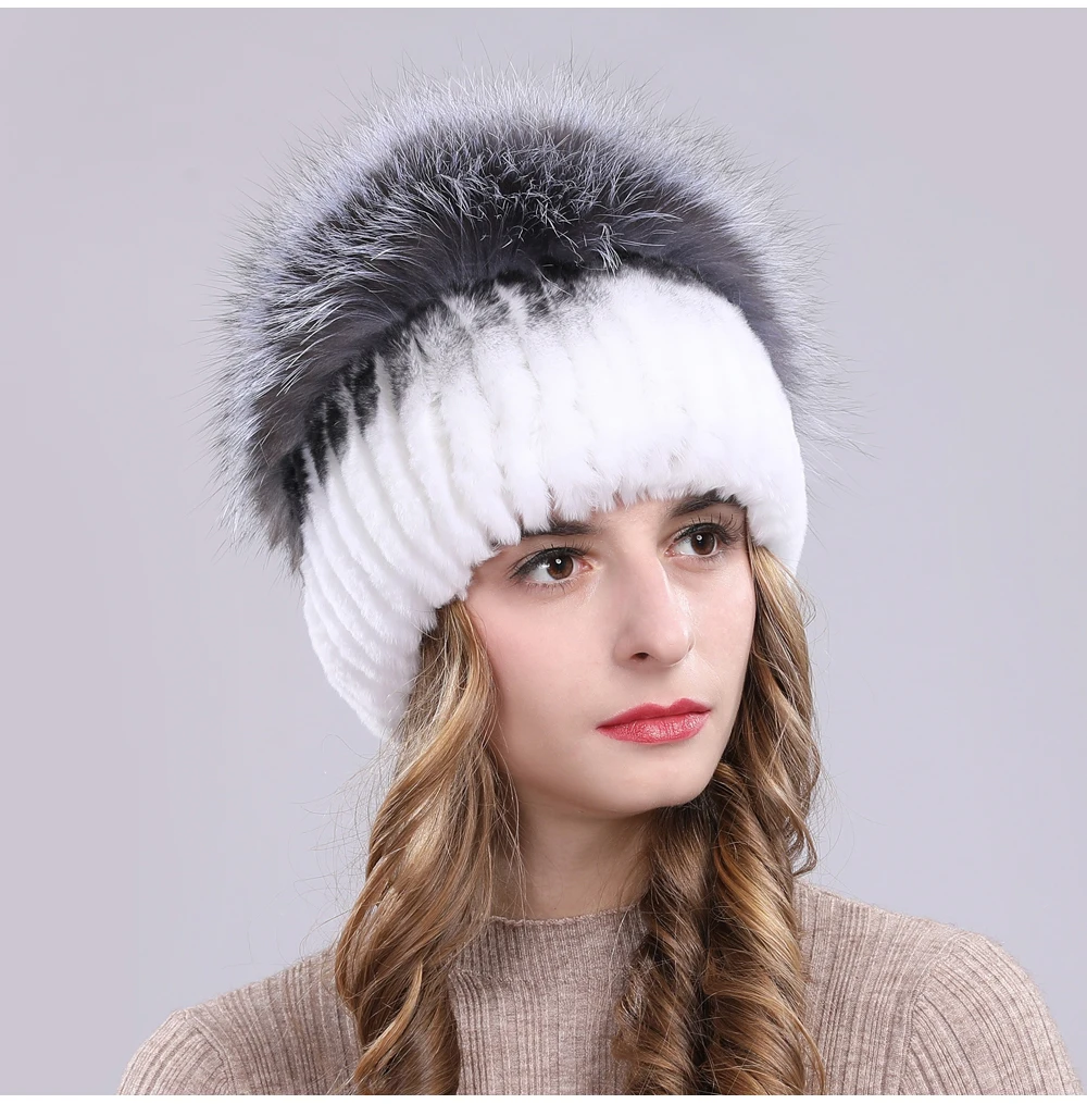 Outdoor Women Warm Soft Genuine Rex Rabbit Fur Hat Knitted Natural Real Sliver Fox Fur Caps Winter Real Rabbit Fur Beanies Hats