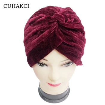 

CUHAKCI Winter Velvet Muslim Turban Hats New Europe Women Skullies Fashion Black Dark Blue Color High Quality Indian Caps