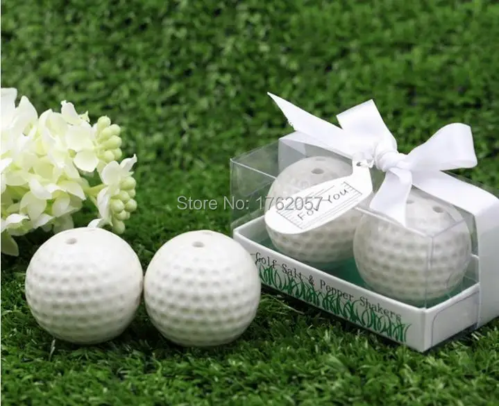 

Lowest price 20pcs=10boxes New Wedding Favors White Golf Ball Salt and Pepper Shakers Bridal Shower Favor and Gift for Men