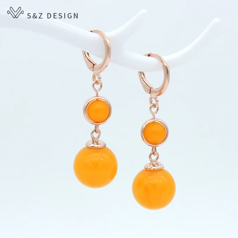 S&Z DESIGN New Round Simulated Beeswax Long Dangle Earrings Trendy 585 Rose Gold Color Eardrop For Women Wedding Party Jewelry