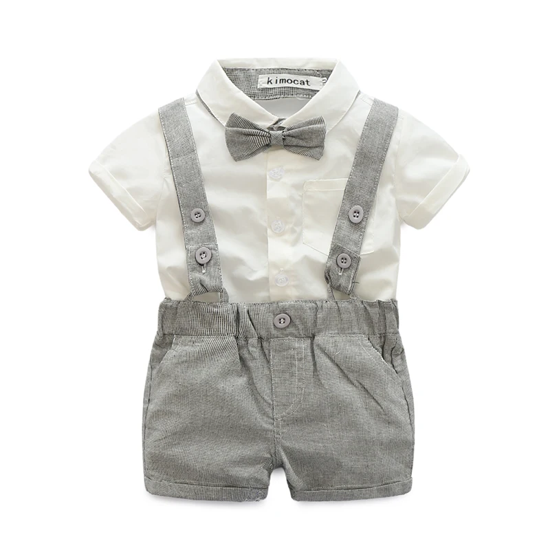 

Kimocat baby boy High quality summer short-sleeve shirt cotton gentleman cravat suspender set