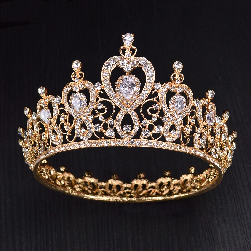 Золотая свадебная корона в стиле барокко, Круглый ААА Циркон, винтажная большая Хрустальная Тиара для выпускного бала, свадебного торжества, королевские аксессуары для волос