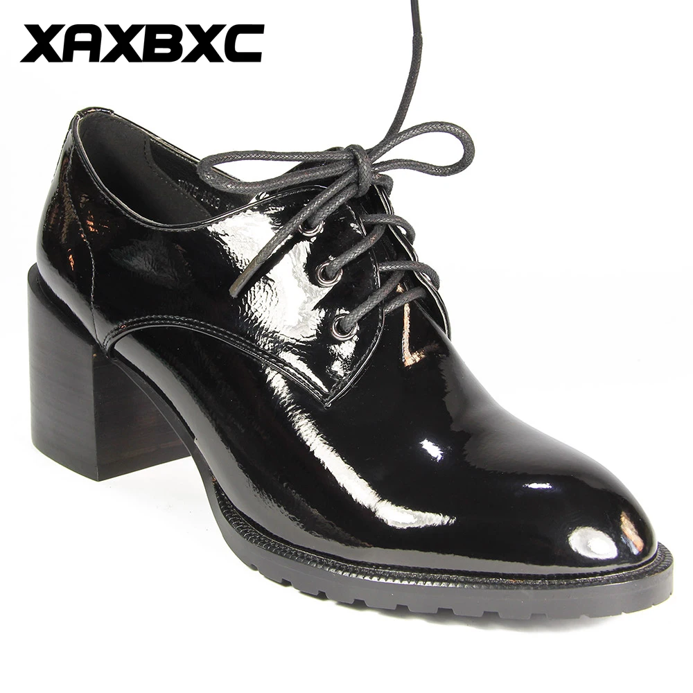 

XAXBXC 2018 New Spring Black Stone Texture Lace-Up Brogue High Heels Oxfords Women Pumps Handmade Casual Ladies Shoes