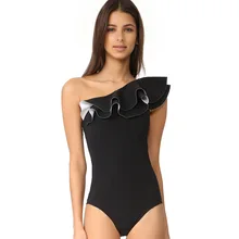 Однотонный монокини с высокой талией, боди, черный купальный костюм, сексуальный закрытый купальник на одно плечо с оборками, слитный купальник для женщин