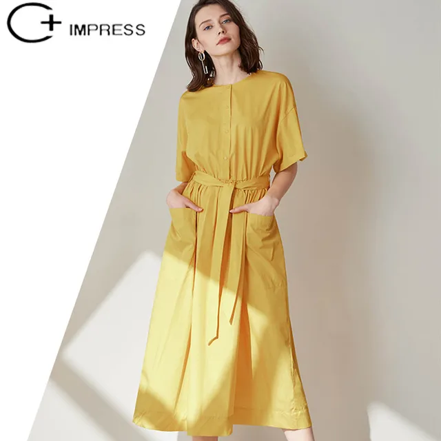 C Impress Dress Women Cotton Summer Simple Office Las Yellow C Impress Dress Women Cotton Summer Simple Office Las Yellow Female One Piece Thin