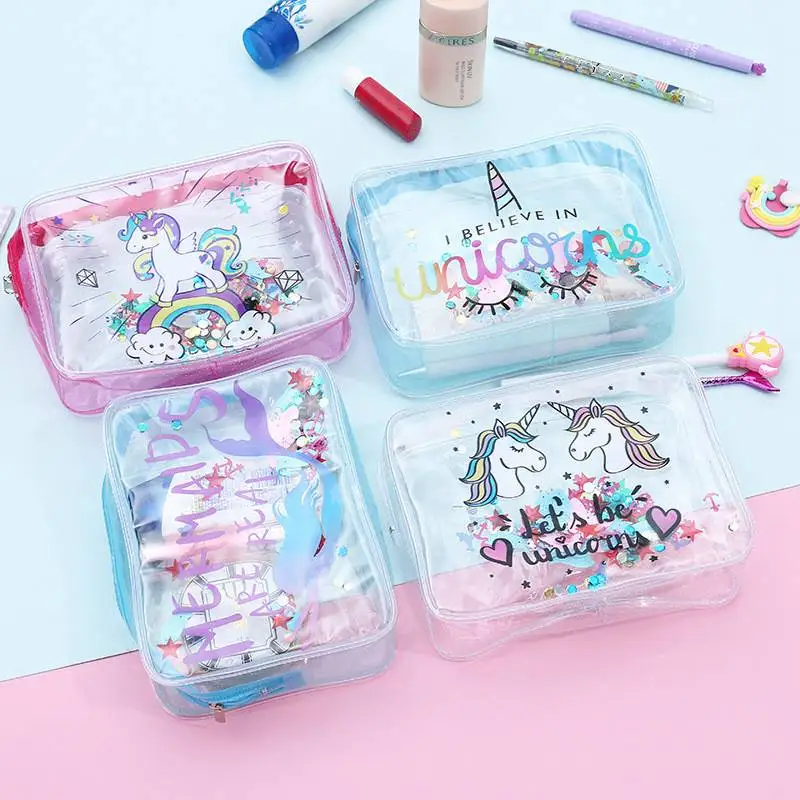

Creative Unicorn Pattern Cosmetic Bag PVC Transparent Cute Makeup Case Waterproof Portable Bath Make Up Toiletry Bag Pouch