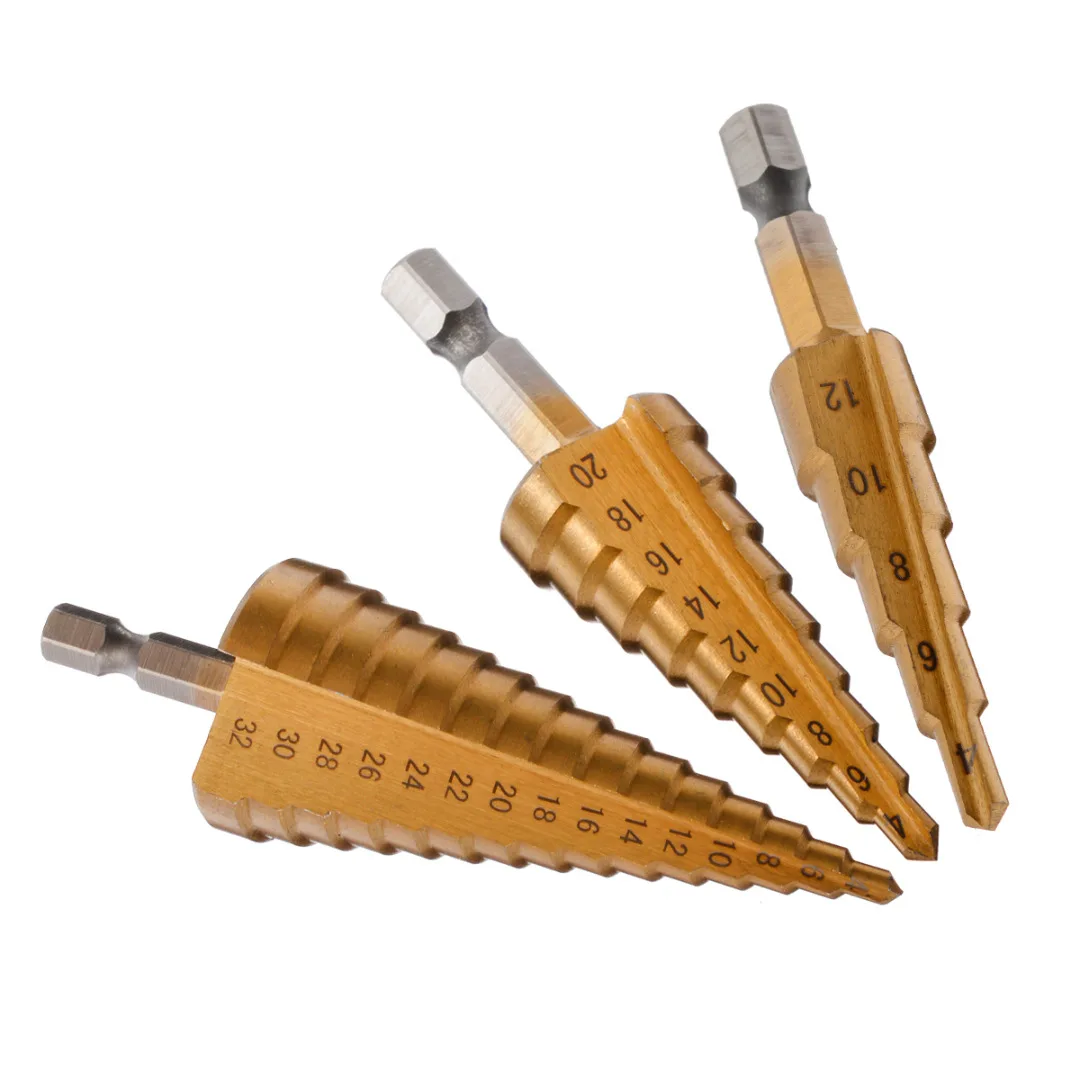 Titanium Coated Hole Cutters HSS Step Cone Drill Bits for Cutting Steel Brass Wood Plastic 4-12mm 4-20mm 4-32mm