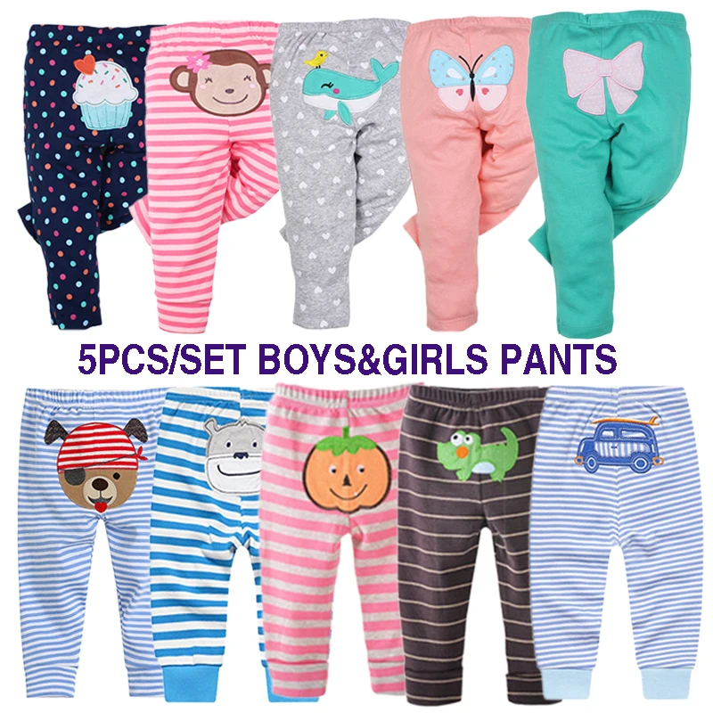 5 Pcs/Lot New Born Baby Boys Girls Pants Striped Polka Dots Boys Pants With Cartoon Embroidery Autumn Baby Kids Trouser