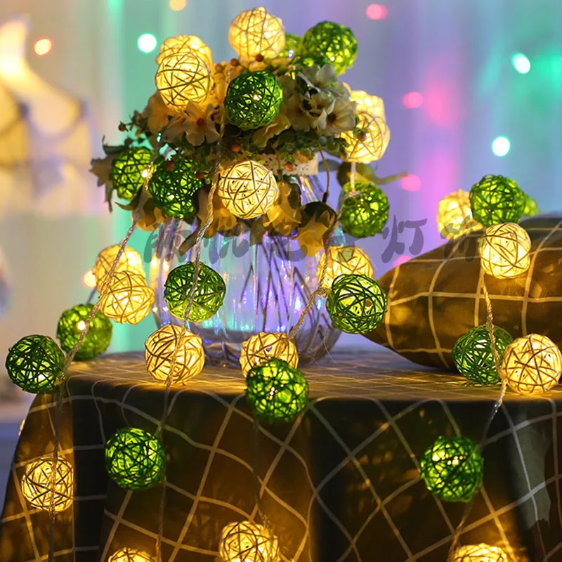 Светодиодный Рождественский гирлянда для улицы 20 белый зеленый ротанга шары
