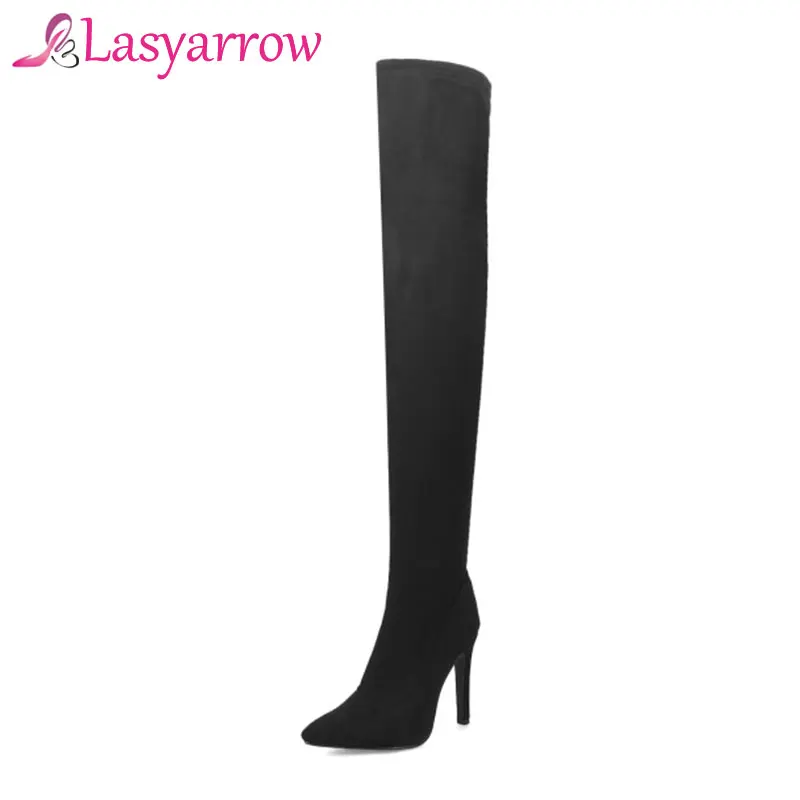 Lasyarrow Sexy Тонкий Ботфорты Для женщин черный, красный высокие сапоги на шпильках из флока на высоком каблуке Botas feminina RM163