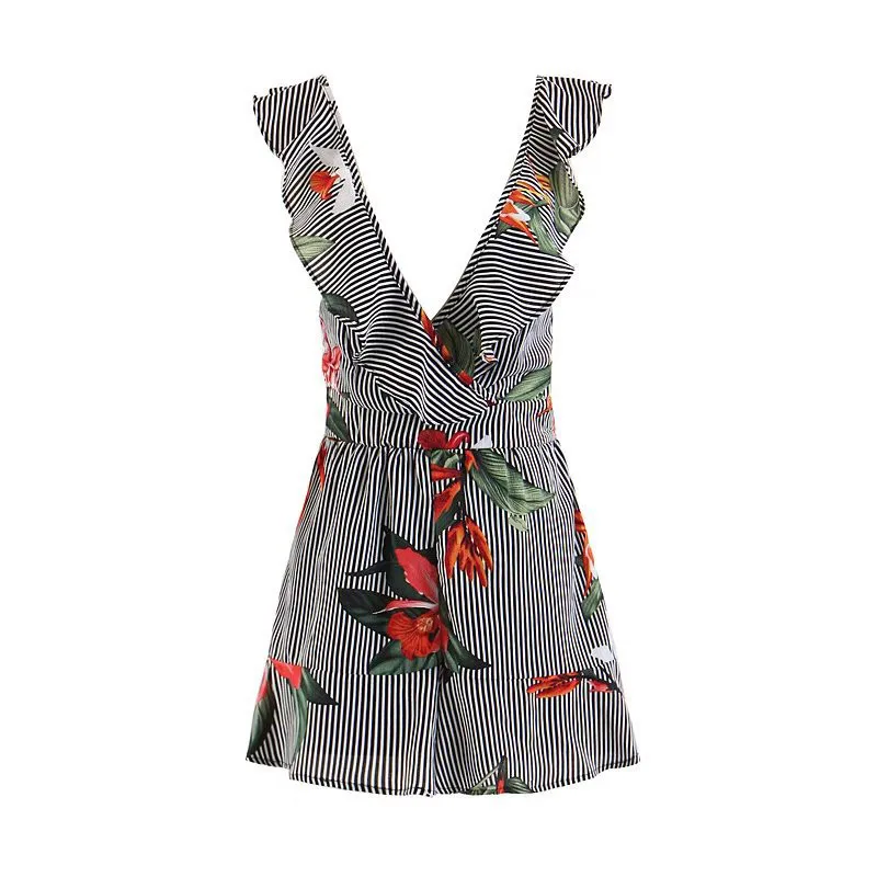 yinlinhe Floral striped Playsuit Women Sleeveless V neck Sexy Summer Playsuit bow Tie Elegant Backless Jumpsuit Overalls    4