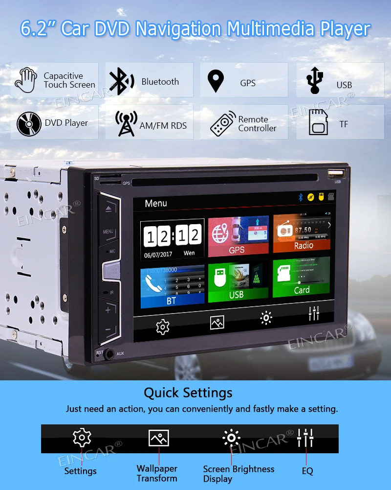 Sale Eincar 6.2" Double 2 DIN In-Dash Bluetooth Car Stereo with GPS Navigation Mp3 Audio 1080P Video Player DVD/CD/SD/FM/AM/RDS Radio 1