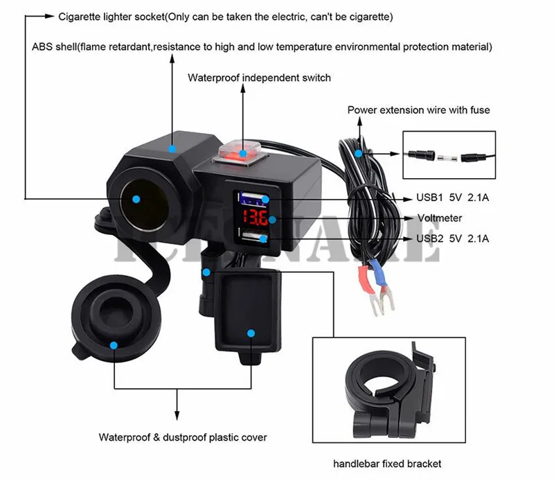 Wupp мотоцикл Авто-прикуриватели гнездо адаптера 12 В 4.2a USB выход LED Дисплей вольтметр с окурки включения/выключения