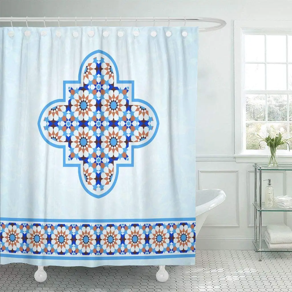 MOROCCO Islamic Architecture Art Shower Curtain Waterproof Fabric Hooks Bath Mat 