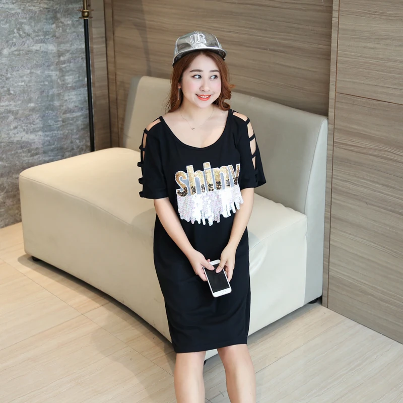 

Spring Casual 2 Piece Suit Dress Women Short Sleeve Dot Loose Summer Fat Big Size Dress Sexy Plus Dress Black White