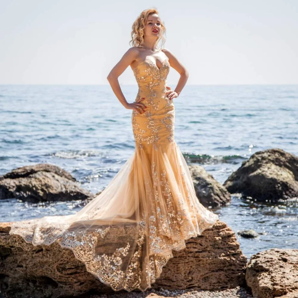 vestido de festa Luxury Evening Gowns Sweetheart robe de soiree Gold Sequins Mermaid Evening Dresses Long 2019 Best Selling