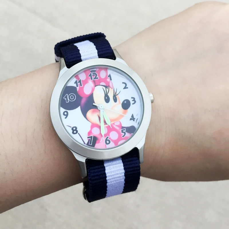 

Cartoon Mickey Minnie Mouse style Watches Women's Girls Students Boy's Children Silver case Nylon Quartz Wrist Watch JL08