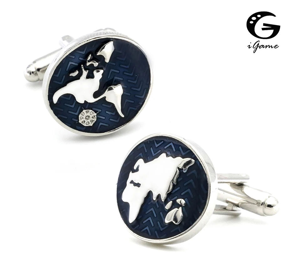 

iGame New Nautical Map Cuff Links Blue Color World Map Design Quality Brass Material Shirt Cuflinks For Men Free Shipping