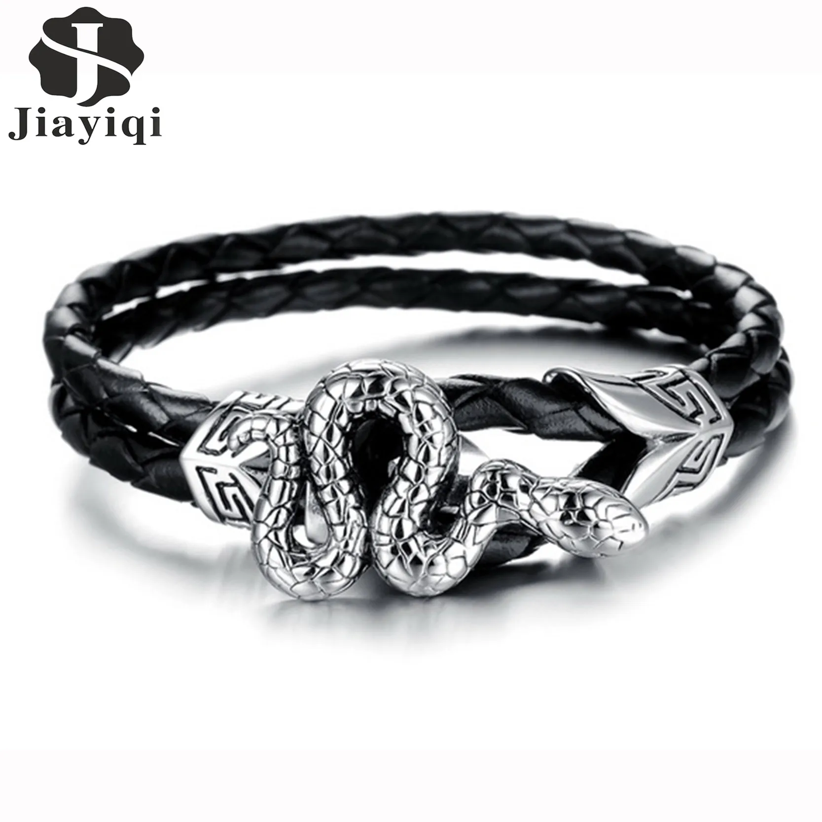 

Jiayiqi New Vintage Cool Snake Stainless Steel Bracelet Wrap Black Leather Bracelets Men Rope Bangle Fashion Jewelry Best Gift