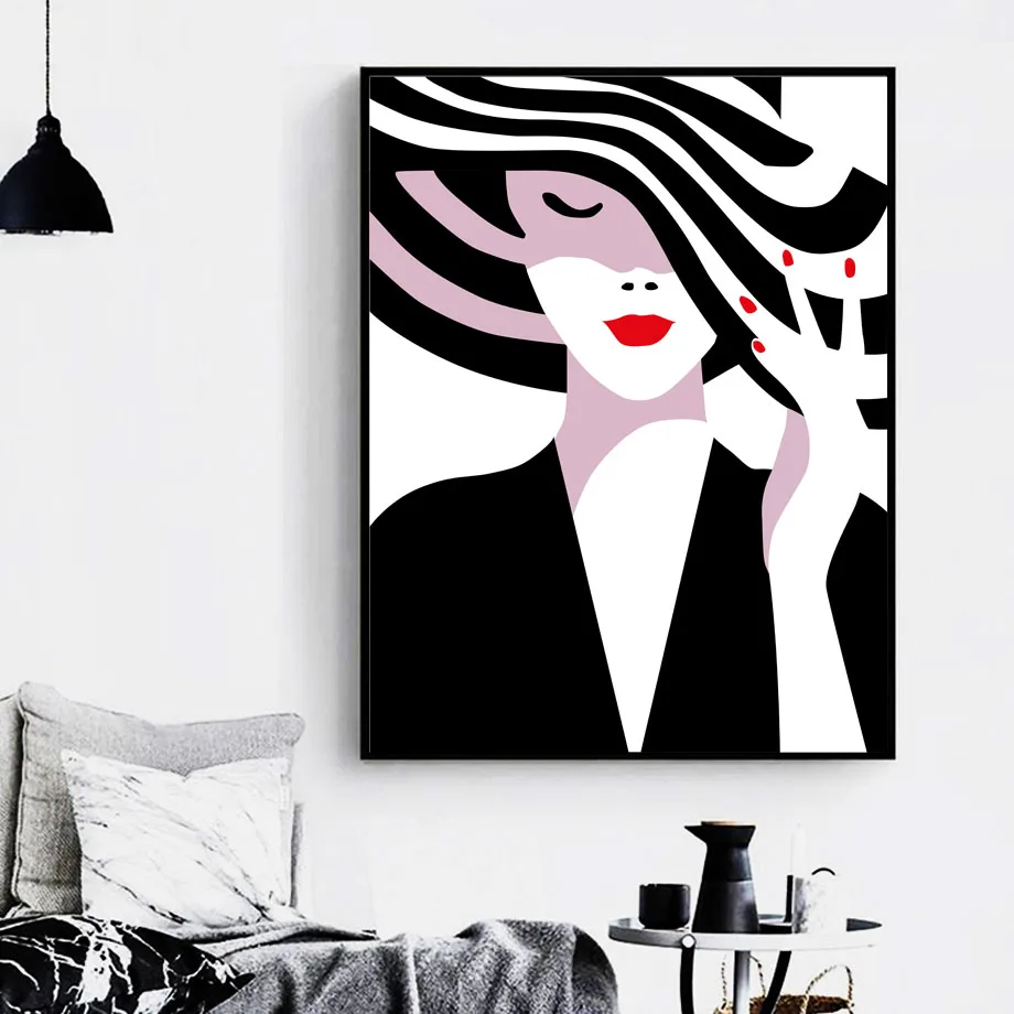 Black-White-Vogue-Girl-Hat-Lips-Wall-Art-Canvas-Painting-Nordic-Posters-And-Prints-Wall-Pictures(3)