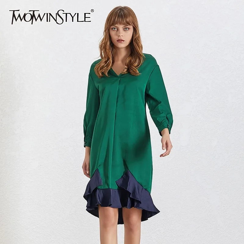 

TWOTWINSTYLE Casual Green Dress For Women V Neck Seven Quarter Sleeve Big Size Ruffles Knee Length Dresses Female Fashion Summer