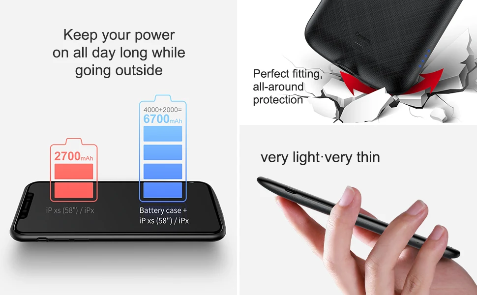 Чехол для аккумулятора Baseus 4000 мАч для iPhone XS X, внешний аккумулятор, чехол для зарядки, чехол для внешнего зарядного устройства для iPhone X, чехол для задней панели