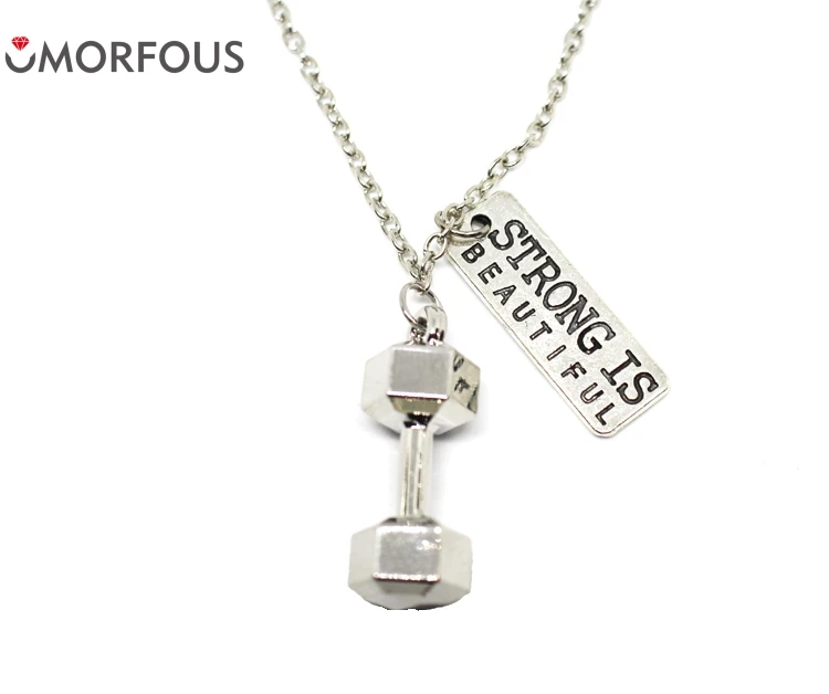 10PCS/Lot dumbbell antique silver necklace strong is beautiful women pendant necklace Fitness fashion sports jewelry drop ship
