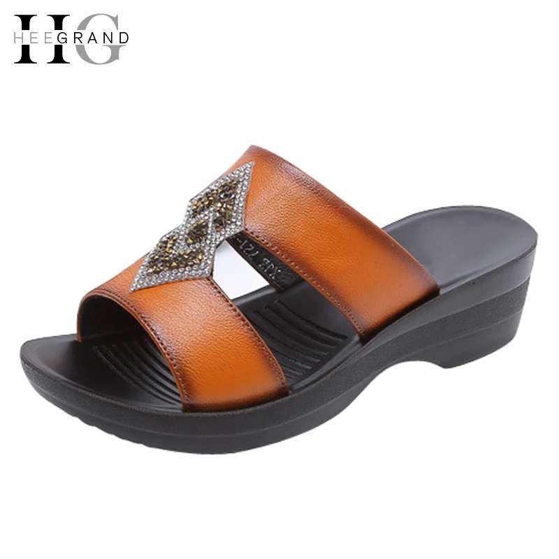 

HEE GRAND Crystal Wedges Sandals 2017 New Leather Flats Summer Comfort Shoes Women Slip On Slippers Platform Flats XWZ3851