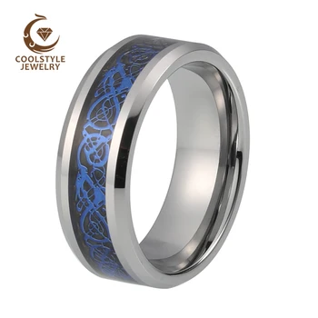 

8MM Tungsten Carbide Ring Wedding Band With Black Carbon Fiber Blue Dragon Inlay Comfort Fit
