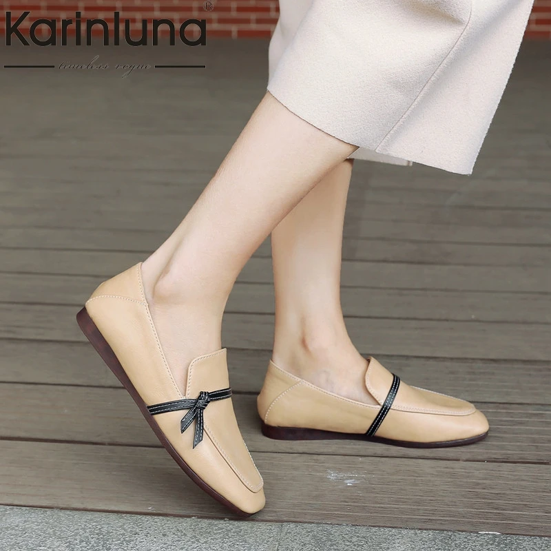 

Karinluna Fashion 2019 Plus Size 30-44 Hot Sale Square Toe Flats Woman Shoes Slip On Casual Black Beige Shoes Woman Flats
