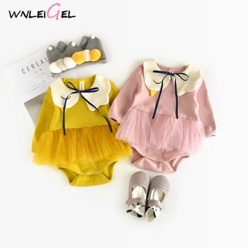 

WLG 2019 spring baby girls rompers toddler mesh patchwork yellow pink girl clothes children 6-24 months