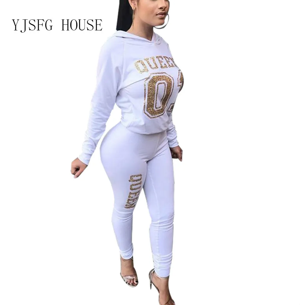 

Letter Printing Long Sleeve Hoodie 2Pcs Clothes Set For Women 2019 New Casual Hooded Tops Pencil Pants Tracksuit Suit 3 Color