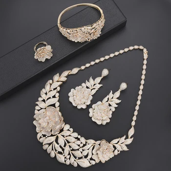 

Luxury Blossom Leaves Women jewelry sets wedding jewelry CZ Dubai Indian Necklace Earrings set Bangle Ring bijoux femme