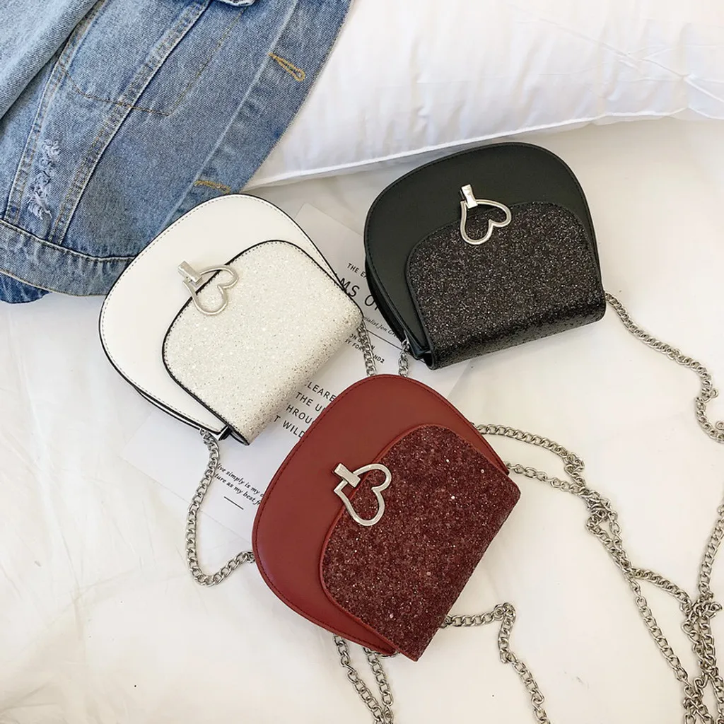 

Coneed Women's Fashion Love Hasp Shining Sequins One-Shoulder Hand-Held Chain Small Square Bag 2019 May9 P40