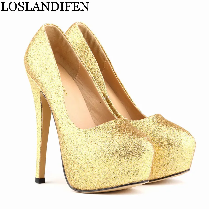 

LOSLANDIFEN Sexy Pumps High Heels Fetish Gold Glitter Wedding Shoes Women Platform Wedge Sequins Pole Dance Shoes Plus Size 14cm