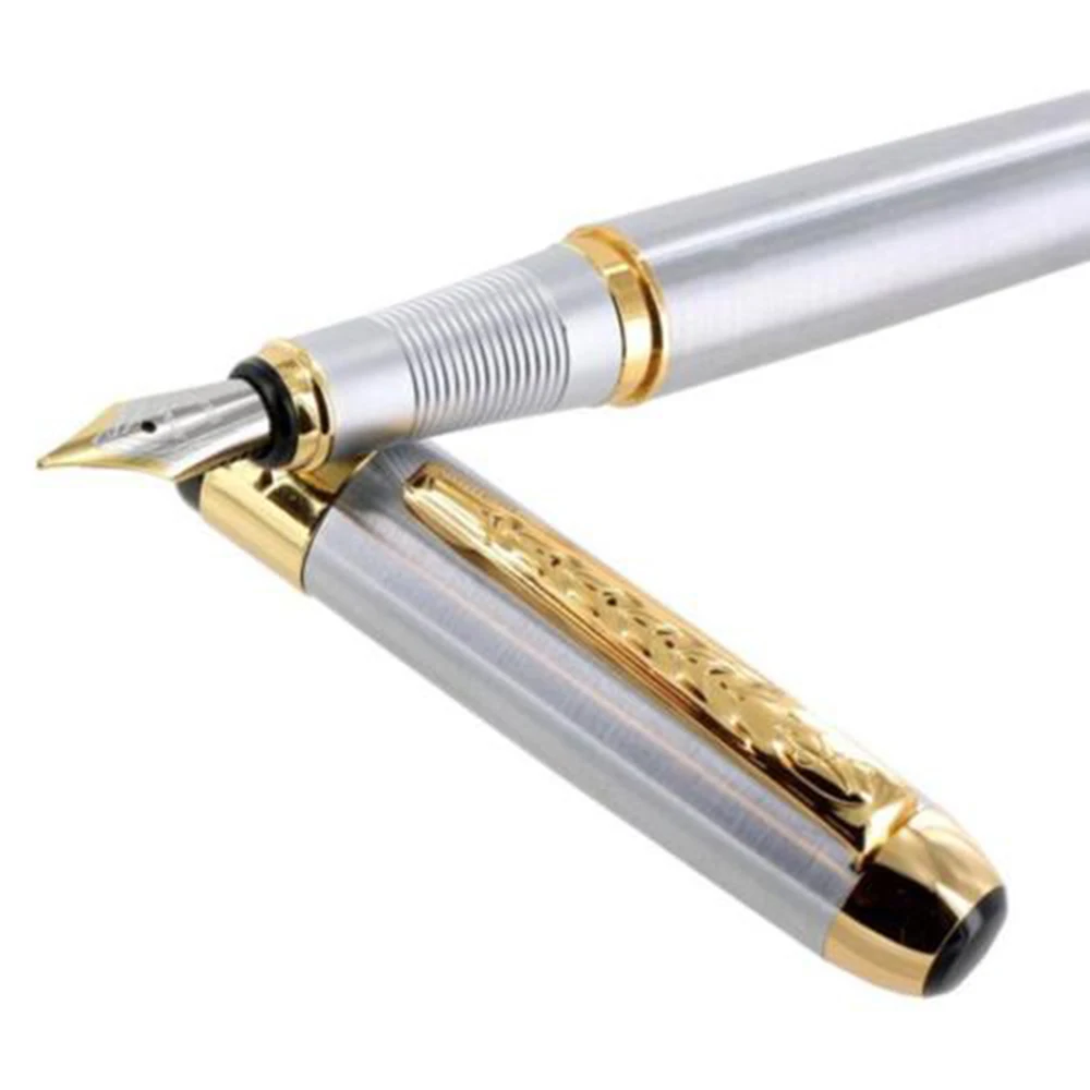 Stainless Steel Gold Trim Fountain Pen + 10PCs Black Ink Refillsin