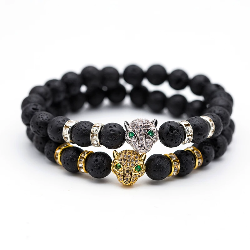 

New Men Leopard head bracelet Natural Matte black volcano Lava Stone round beads bracelets&bangles for mens womens jewelry gifts