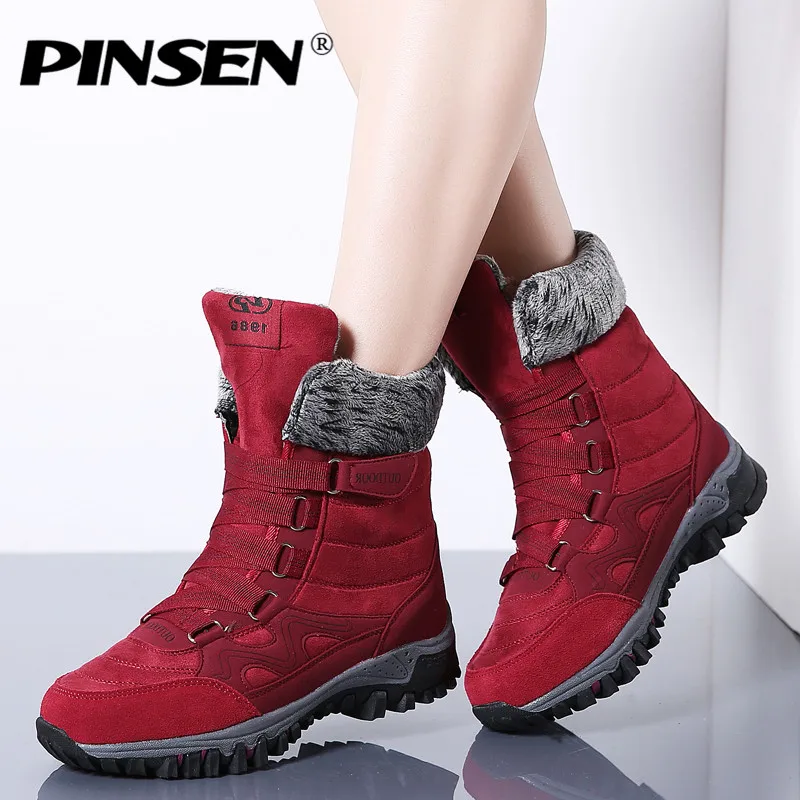PINSEN/ г. Новые женские ботинки зимние ботинки из высококачественной кожи и замши женские теплые водонепроницаемые зимние ботинки на шнуровке Botas mujer