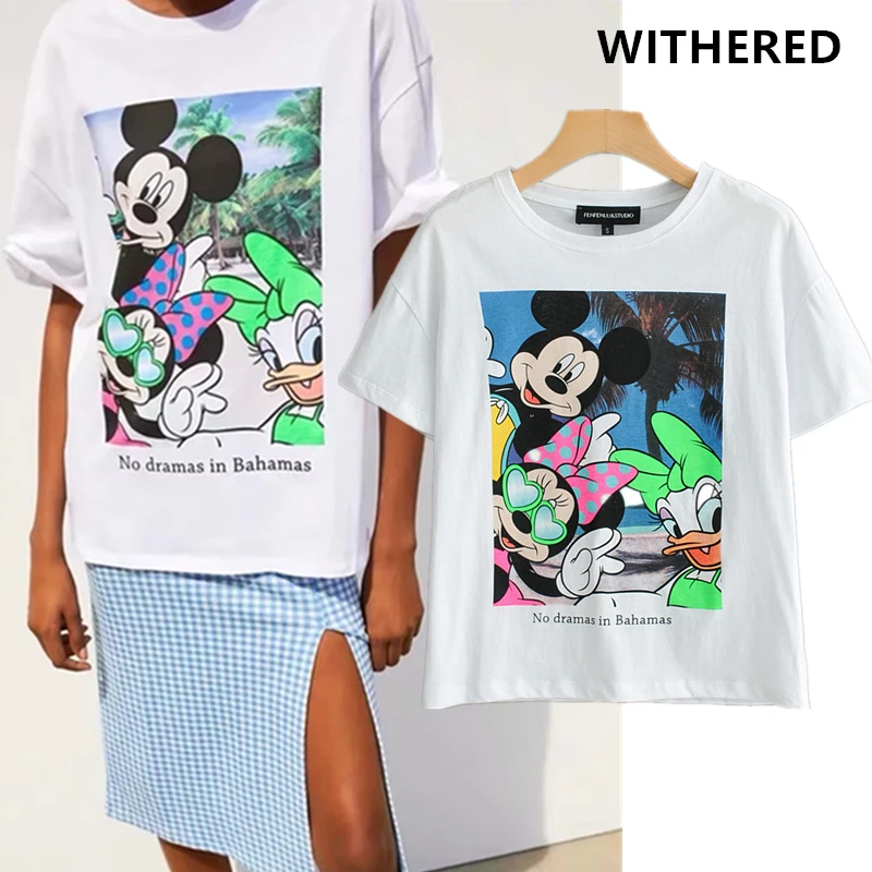 

Withered summer t shirt women harakuju cartoon printing o-neck cotton cute tshirts women tops loose