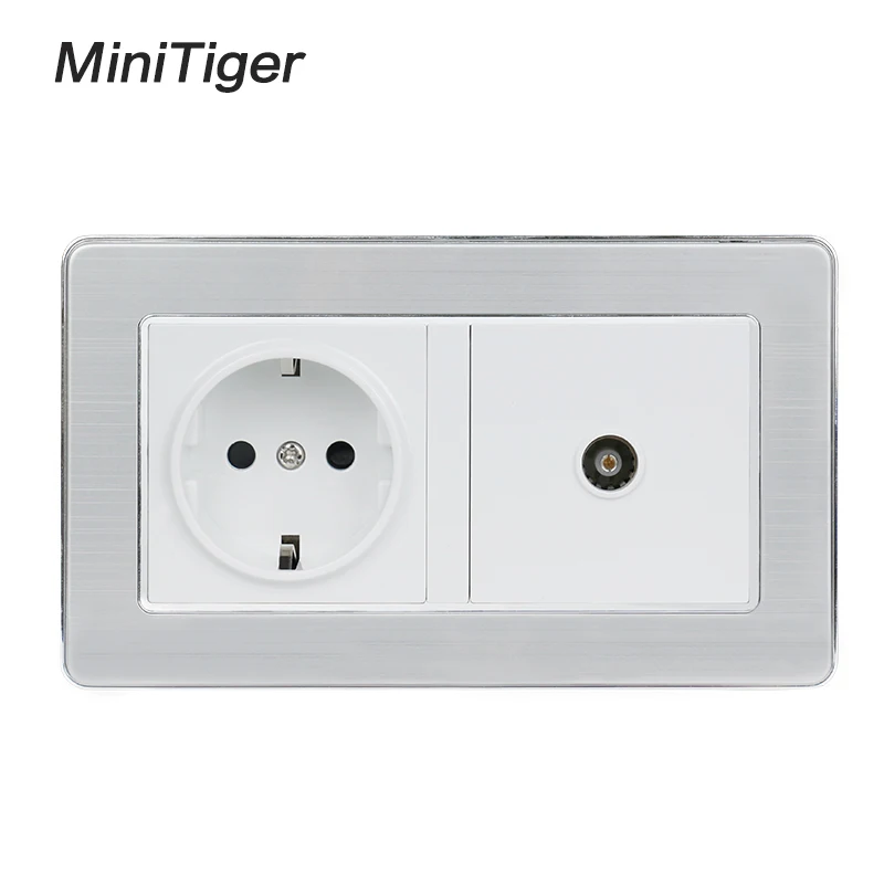 

Minitiger 16A Russia Spain EU Standard Power Socket Grounded With Female TV Jack Stainless Steel Brushed Panel Wall Outlet