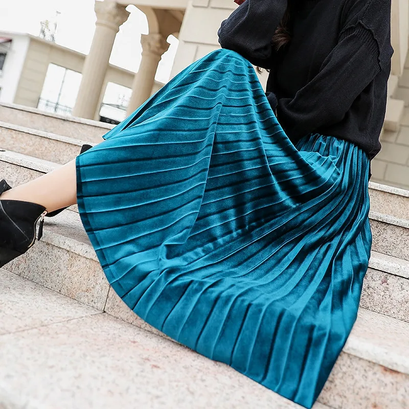 Модные бархатные плиссированные юбки для женщин, плюс размер 4XL, макси миди-юбка с высокой талией, уличная одежда, повседневные юбки с эластичным поясом, Roupas Q661
