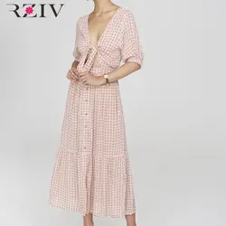 RZIV летнее женское платье повседневное клетчатое платье с бантом с v-образным вырезом и короткими рукавами Vestidos