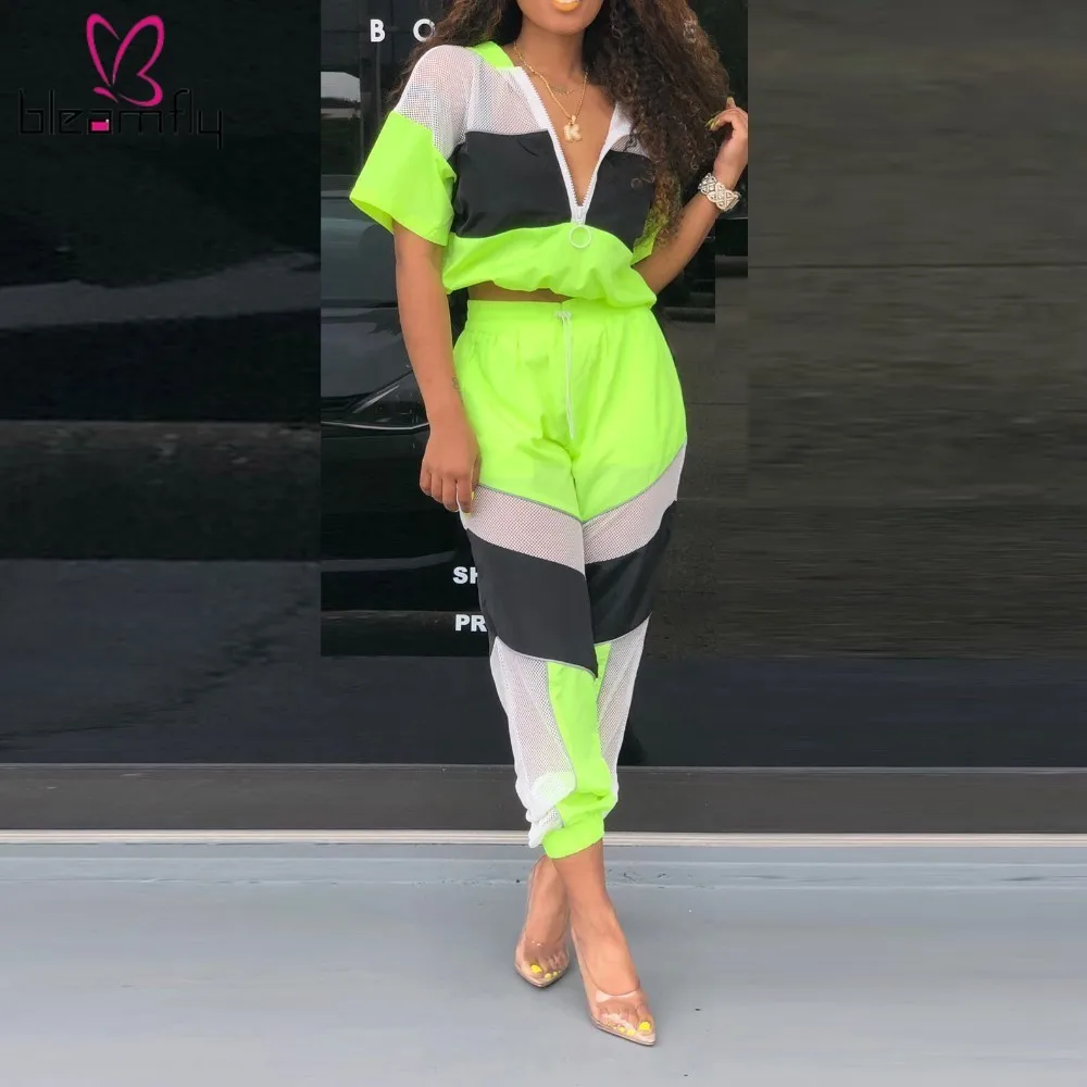 

2019 Sporty Women's Tracksuit Hooded Short Jackets Tops + Long Pants Suits Two Piece Set Mesh Casual Outfit 2 Piece Tracksuits